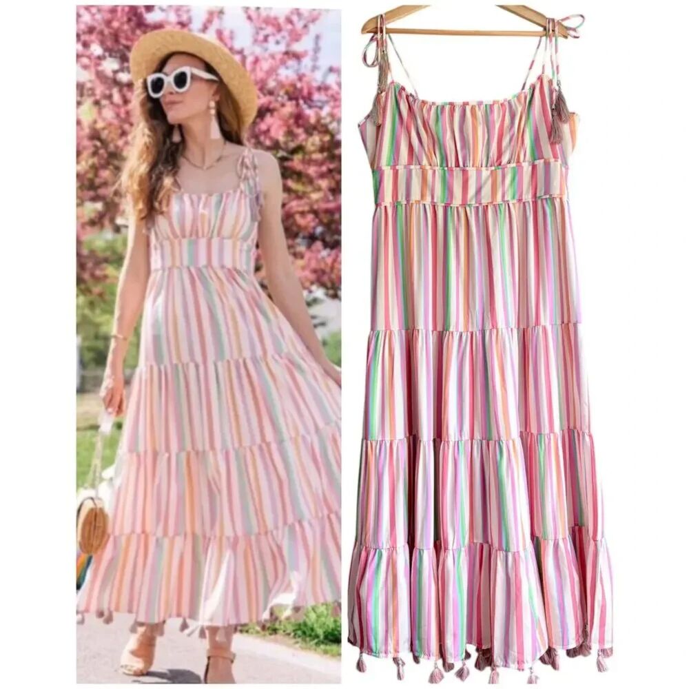 Chicwish Rainbow Stripe Tiered Maxi Dress XL Tassel Ties Cottagecore Summer